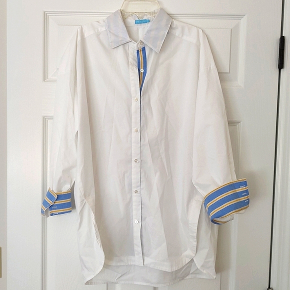 J. McLaughlin Ermine Cotton Contrast Poplin Button Down White Blue Size M
